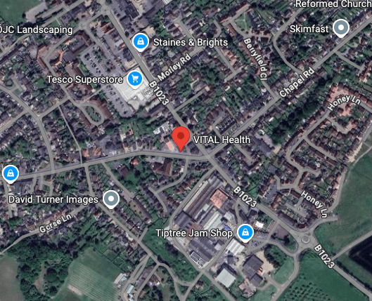 map and location of Vital Health. Osteopath, Chiropractor, Physiotherapist and Massages in Tiptree Essex